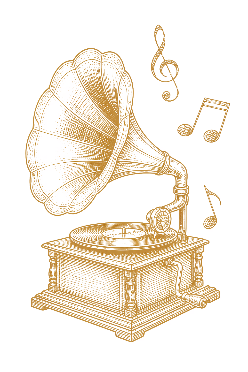 A gramophone playing music, hand-drawn